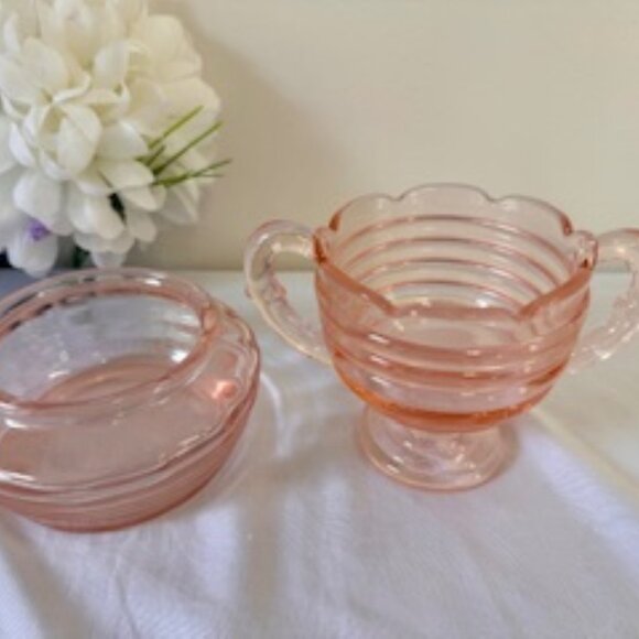 Vintage Duncan & Miller Pink Ripple‎ Glass Sugar Bowl and Trinket Dish – Elegant - Picture 3 of 5